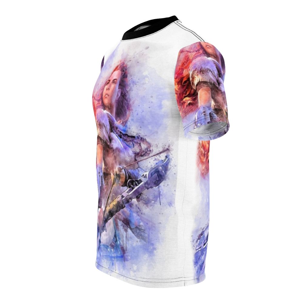 Horizon Zero Dawn inspired watercolor AOP t-shirt featuring the character Aloy - men left