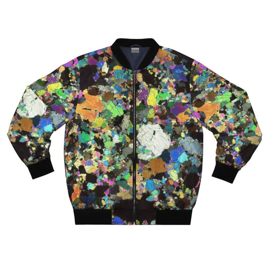 Peridotite thin section bomber jacket featuring a unique and colorful mineral gem design