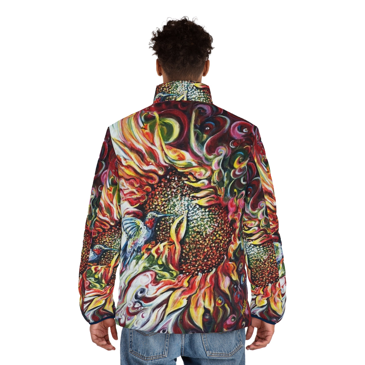 Sunflowers and hummingbird puffer jacket, a nature-inspired and colorful outerwear option - men back