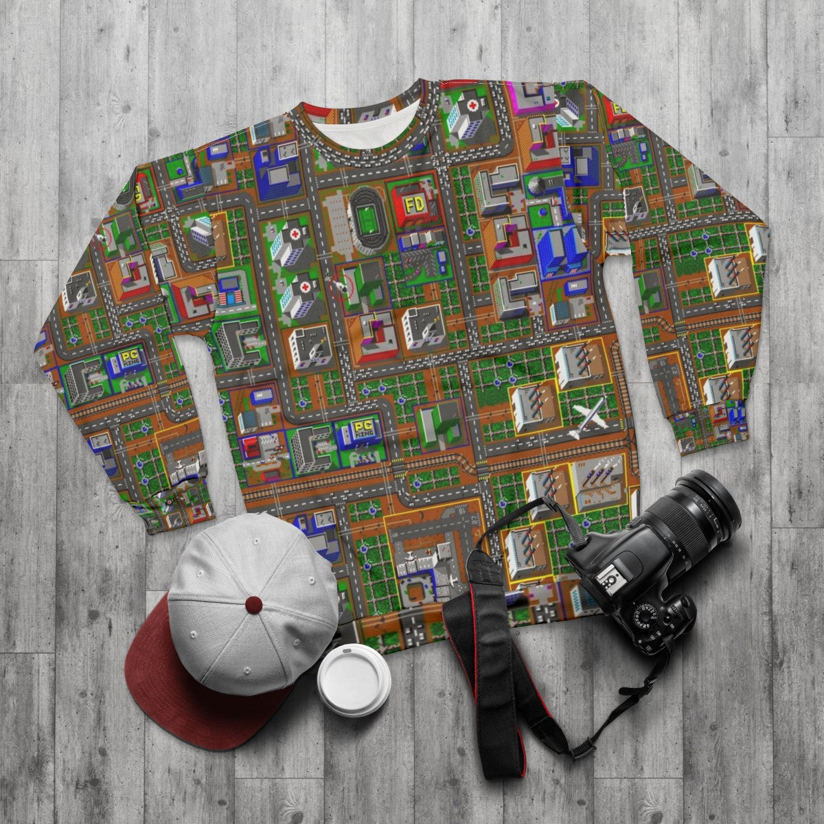 Retro Simcity 1 gaming sweatshirt with pixelated graphics - flat lay