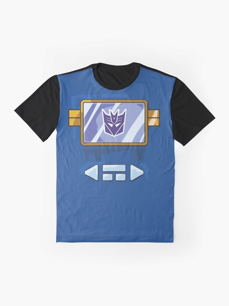 Retro Soundwave graphic design on a black t-shirt for Transformers fans - Flat lay