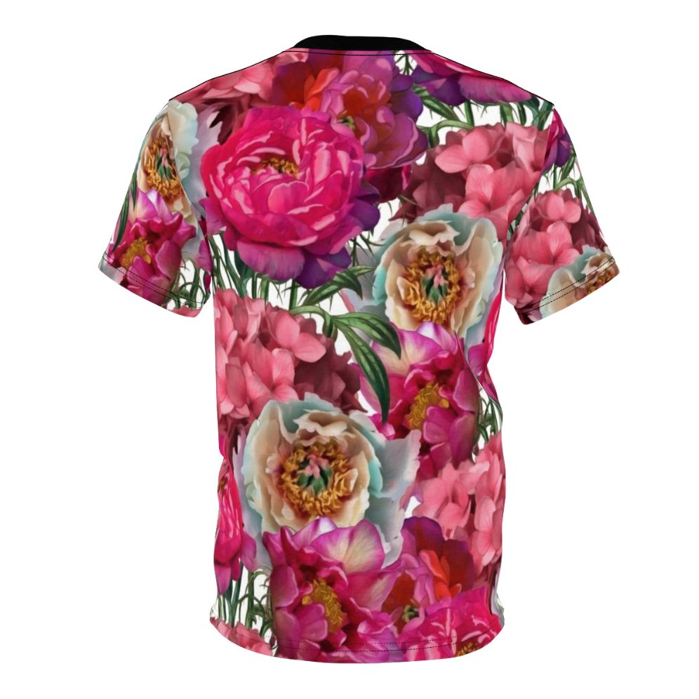 Colorful watercolor bouquet of flowers including peonies, hydrangeas, and other blooming plants on a t-shirt. - Back