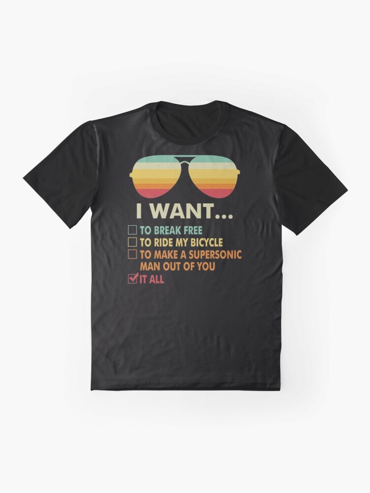 Queen "I Want It All" graphic t-shirt for music lovers featuring a bicycle costume design - Flat lay