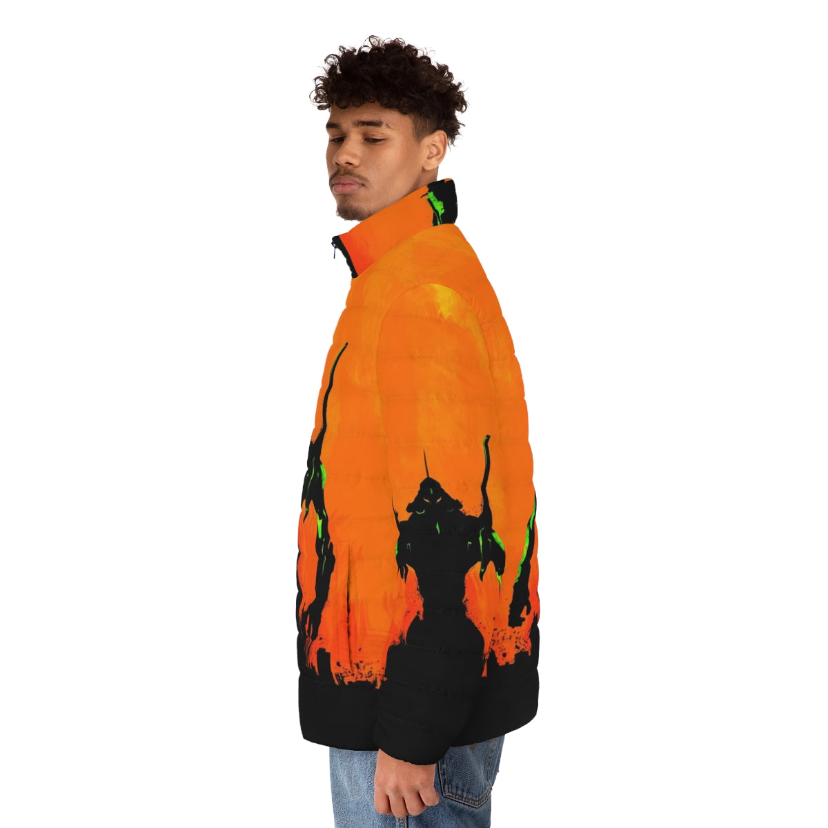 Evangelion puffer jacket with minimalist anime design - men side left