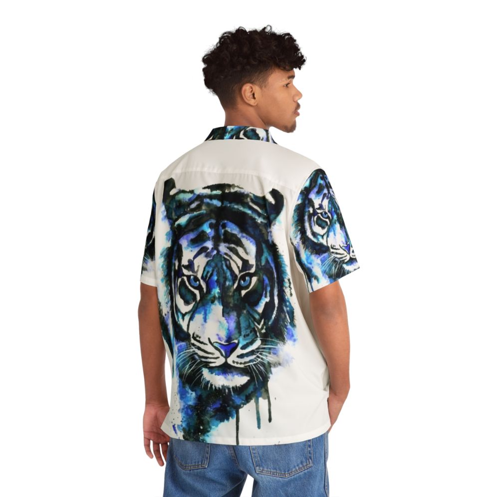 Blue Tiger Hawaiian Shirt with Tropical Floral Pattern - People Back