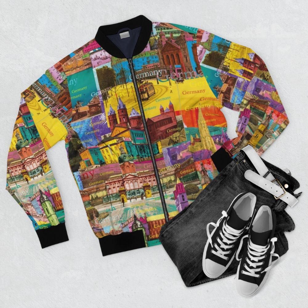 Colorful bomber jacket featuring the sights of Germany - Flat lay