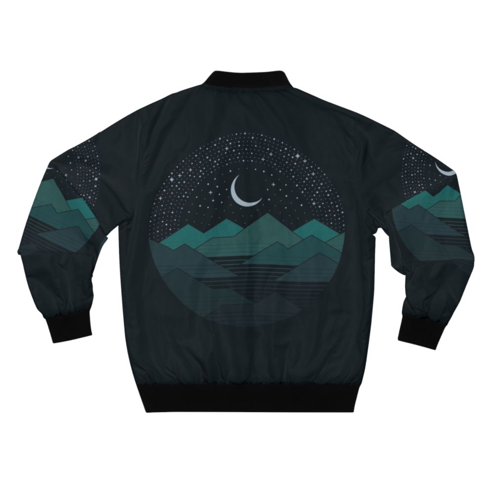 Minimalist bomber jacket with night sky, mountains, and stars graphic design - Back