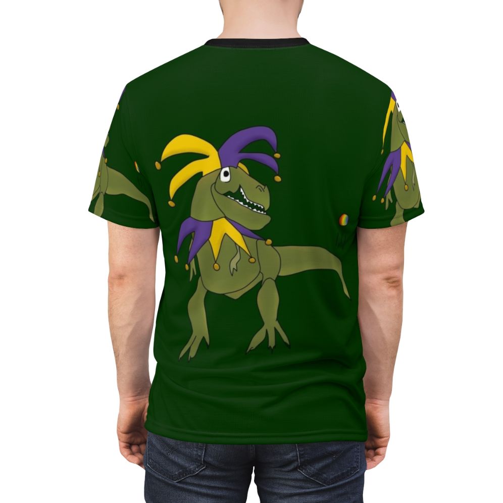 T-Rex wearing a jester costume on a whimsical t-shirt design - men back