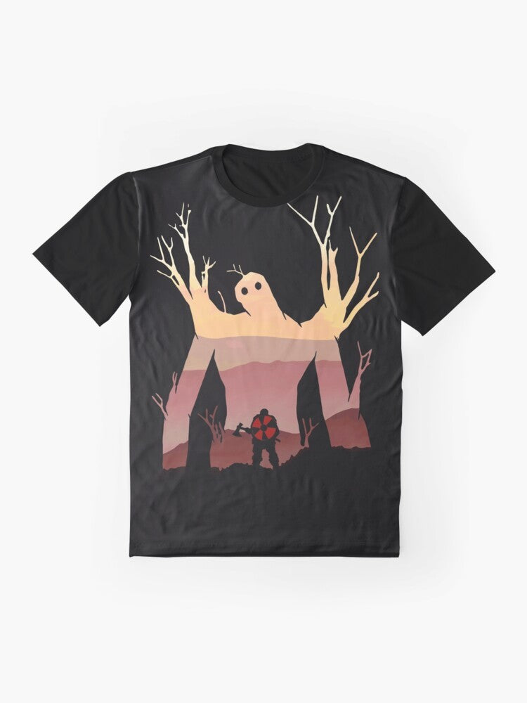 Valheim Elder Boss Graphic T-Shirt featuring a detailed illustration of the Elder, a formidable boss from the popular video game Valheim. - Flat lay