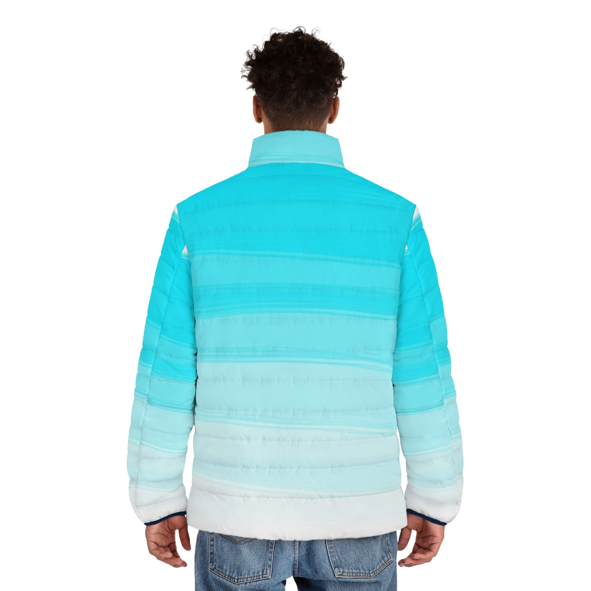 Blue puffer jacket with artistic paint strokes design - men back