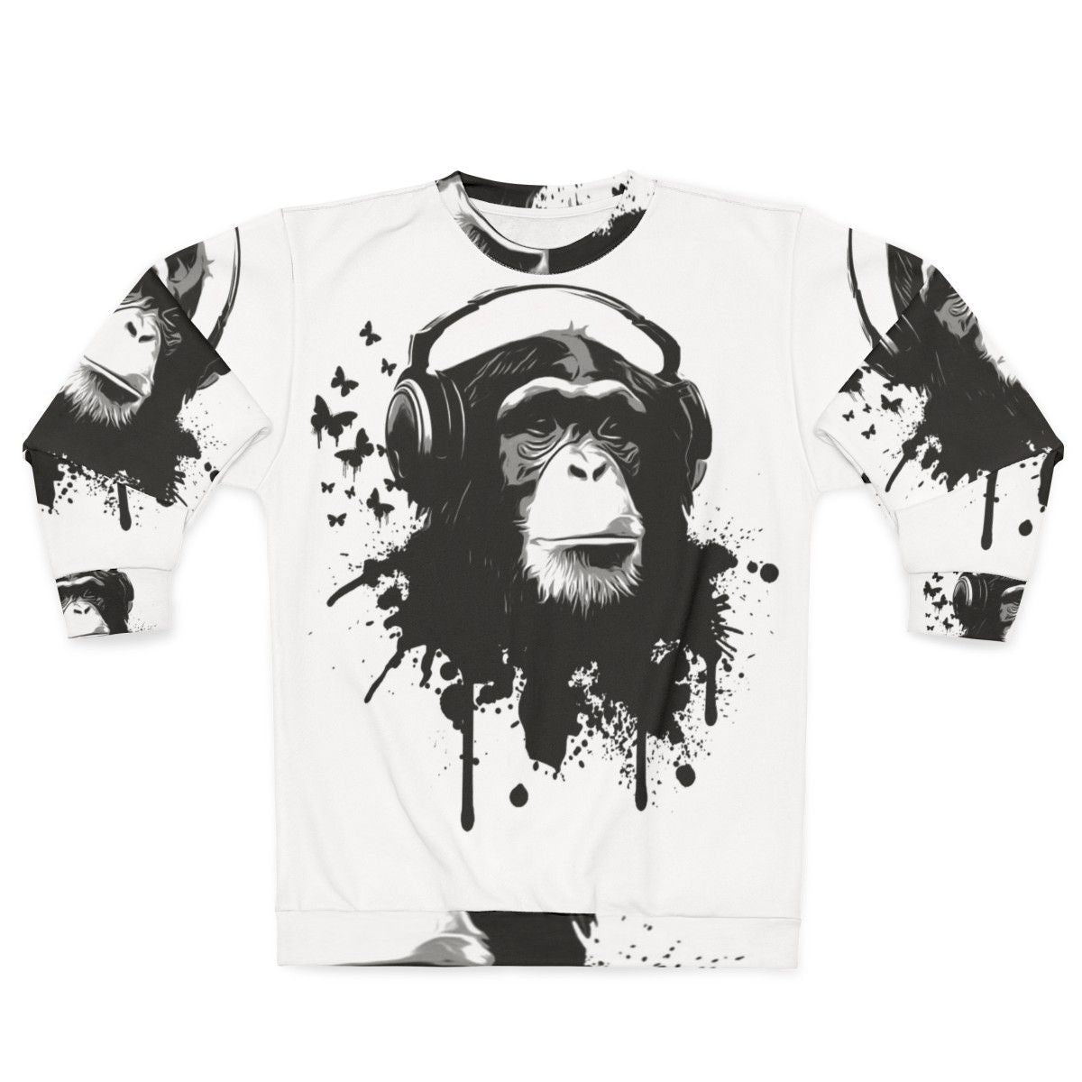 Stylish monkey business sweatshirt with vibrant splatter pattern and animal graphics