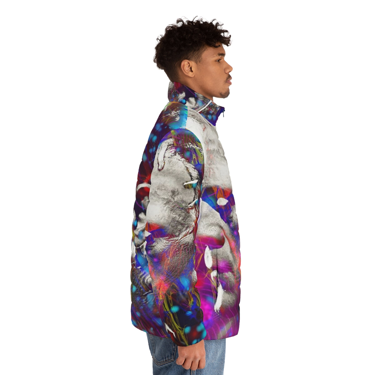 Frankenstein puffer jacket with a graphic monster design - men side right