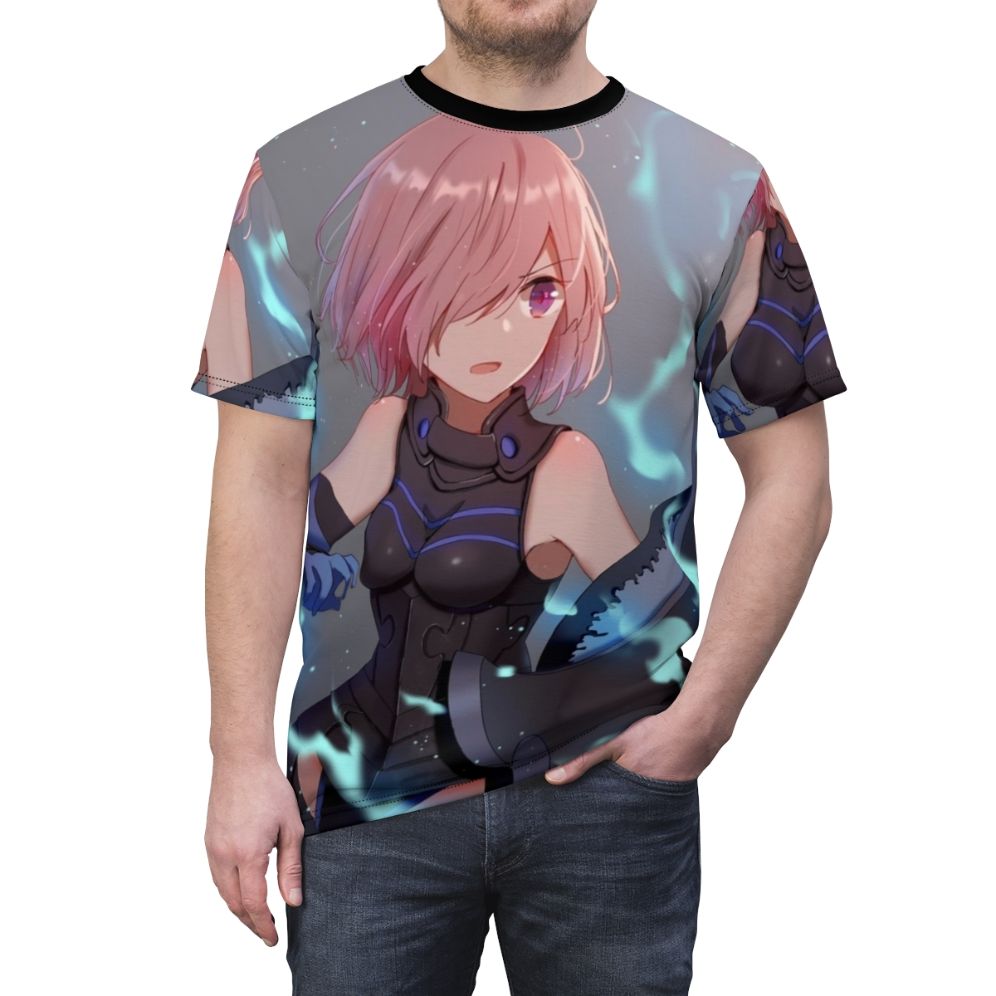 Fate inspired anime all-over-print t-shirt featuring characters and imagery from the popular manga and anime series. - men front