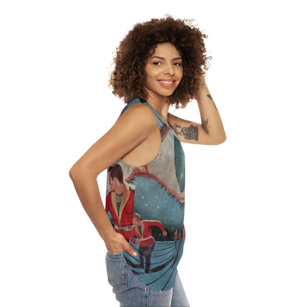 Unisex sci-fi tank top with Eye in the Sky Kindred Ubiquity design - women side