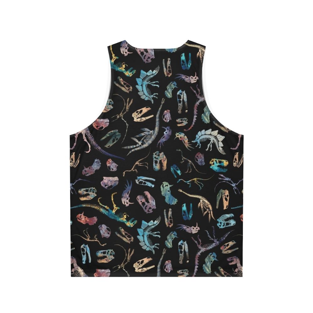 Minimalist dinosaur fossil graphic on a dark unisex tank top - Back