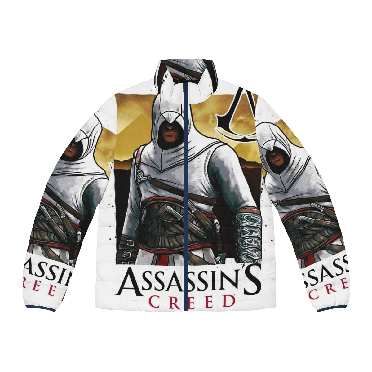 Assassin's Creed inspired puffer jacket with gaming theme