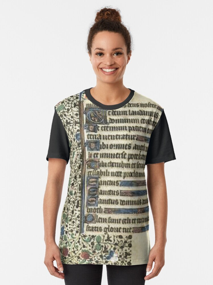 Intricate and ornate illuminated manuscript page design on a graphic t-shirt - Women