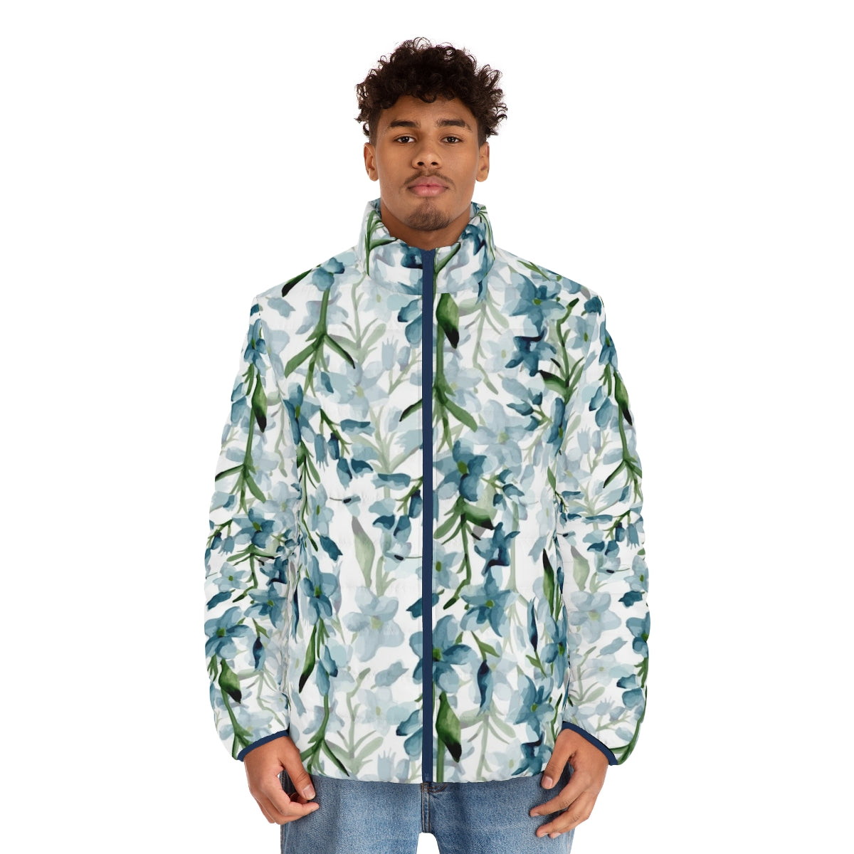 Blue watercolor floral puffer jacket - men front