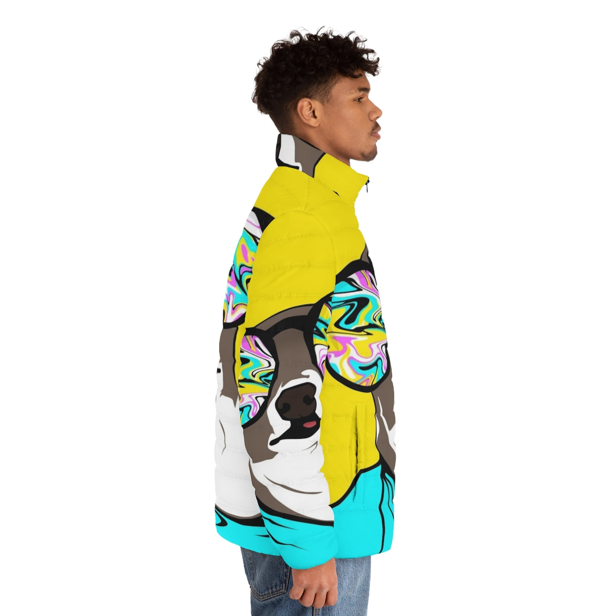 A puffer jacket featuring a cute Kermit the Dog design, perfect for keeping your furry friend warm and fashionable. - men side right