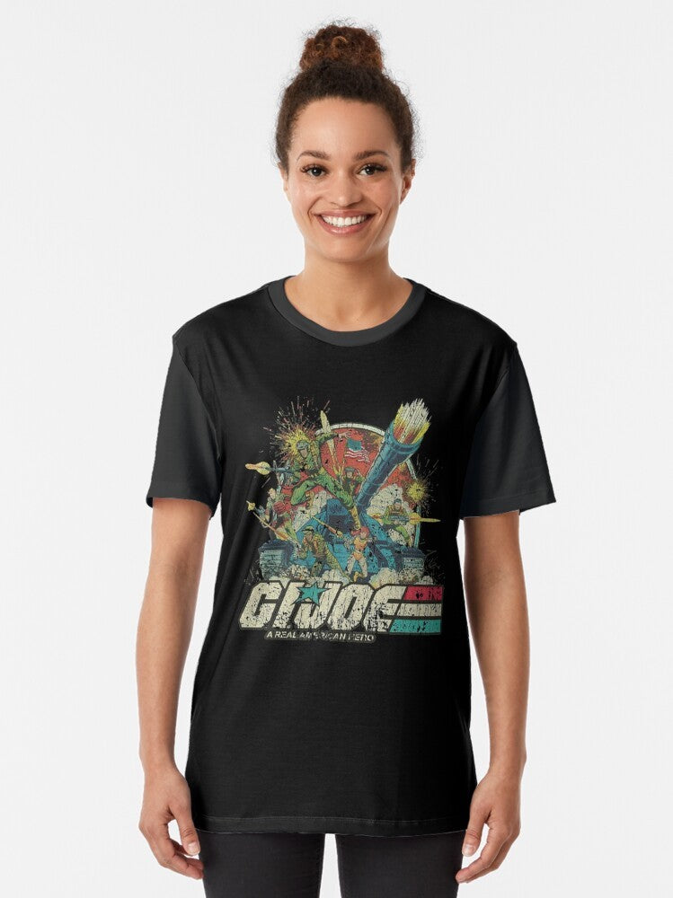 Vintage GI Joe Real American Heroes graphic t-shirt design featuring the iconic characters and symbols from the 1980s cartoon series. - Women