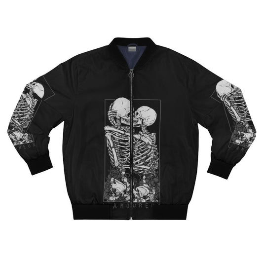 A black bomber jacket with a graphic design of a couple kissing, surrounded by occult and romantic symbols like a skull, flower, and tarot cards.