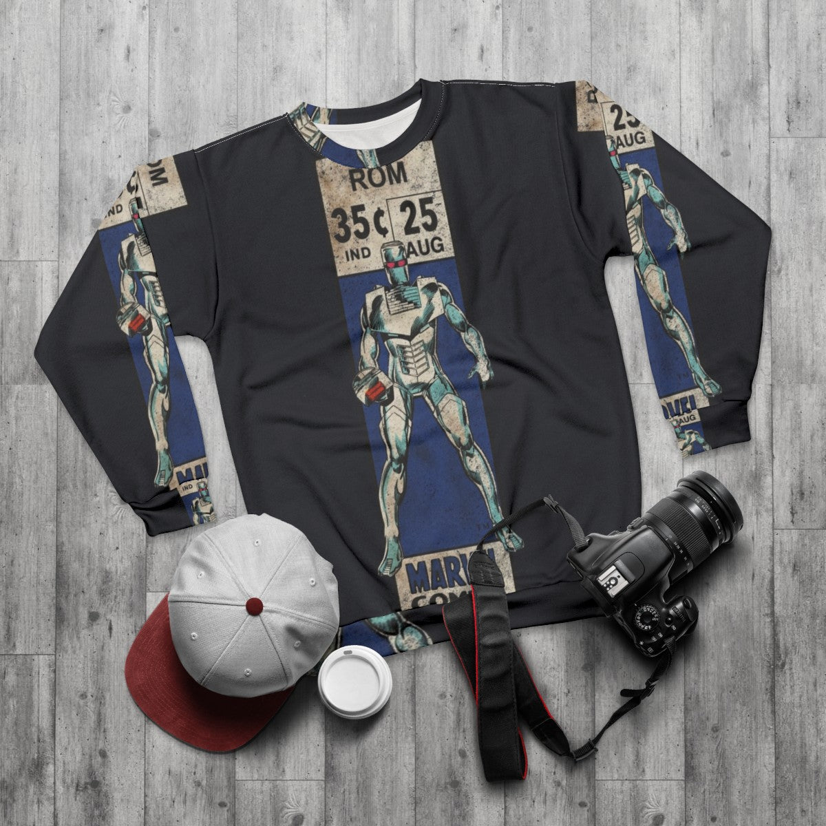 Retro comic book superhero sweatshirt - flat lay