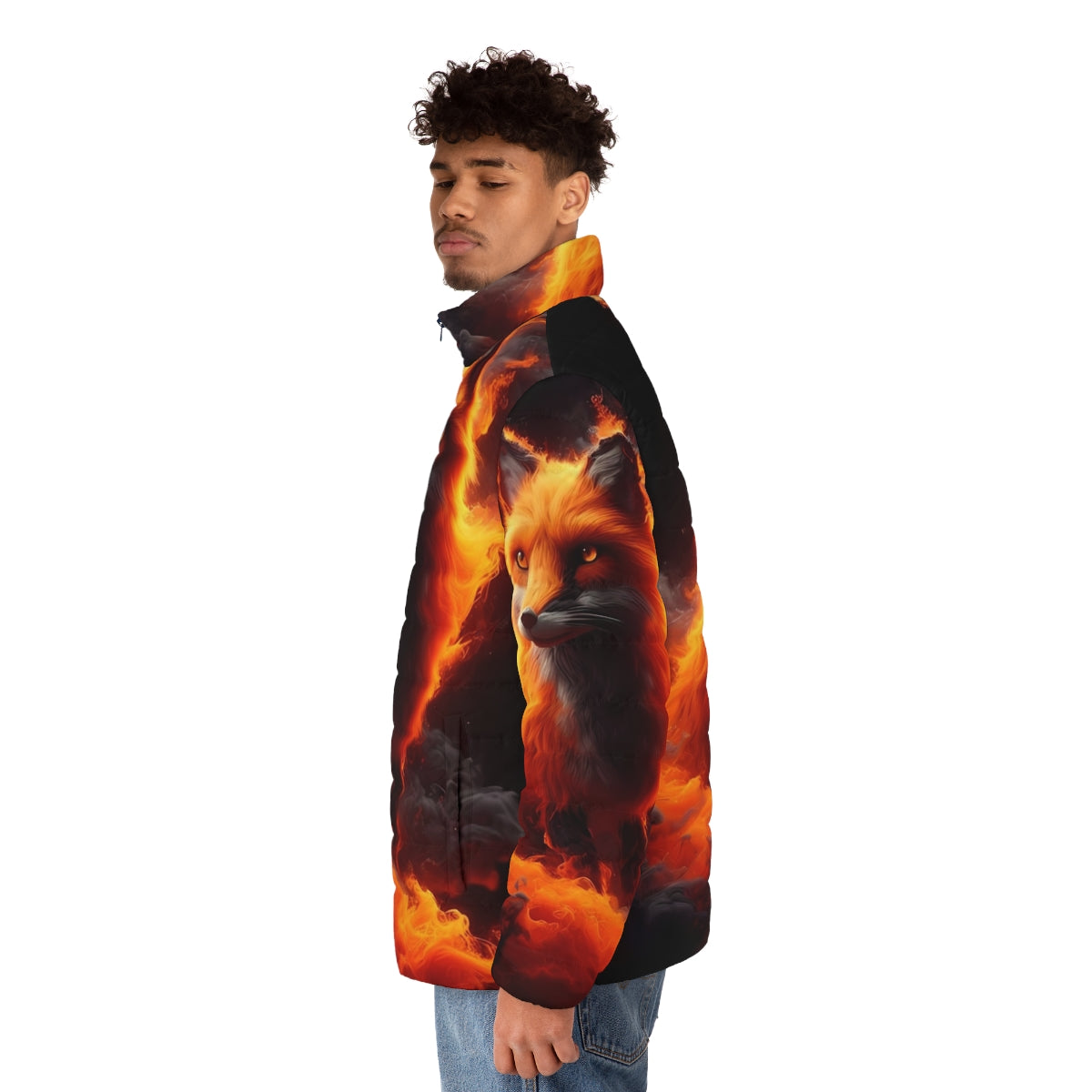 Fiery puffer jacket with abstract wildlife design - men side left