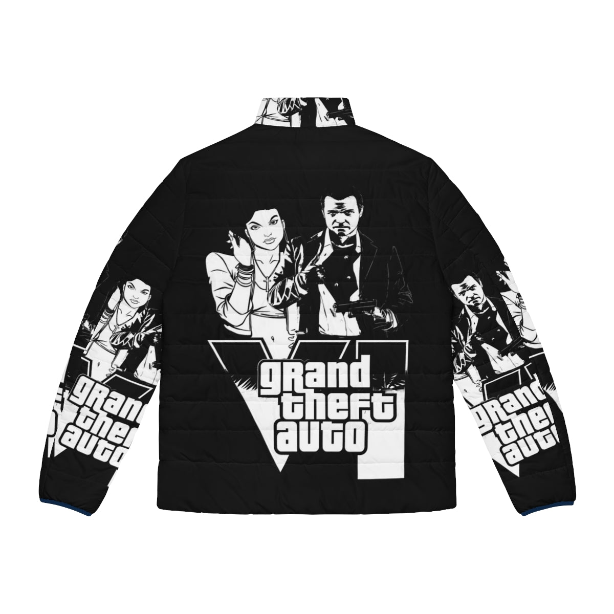 Grand Theft Auto inspired puffer jacket featuring classic gaming graphics and nostalgia - Back