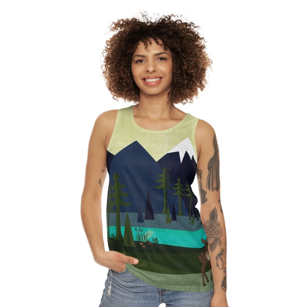 Unisex tank top with a nature-inspired forestscape design featuring deer and flowers - women