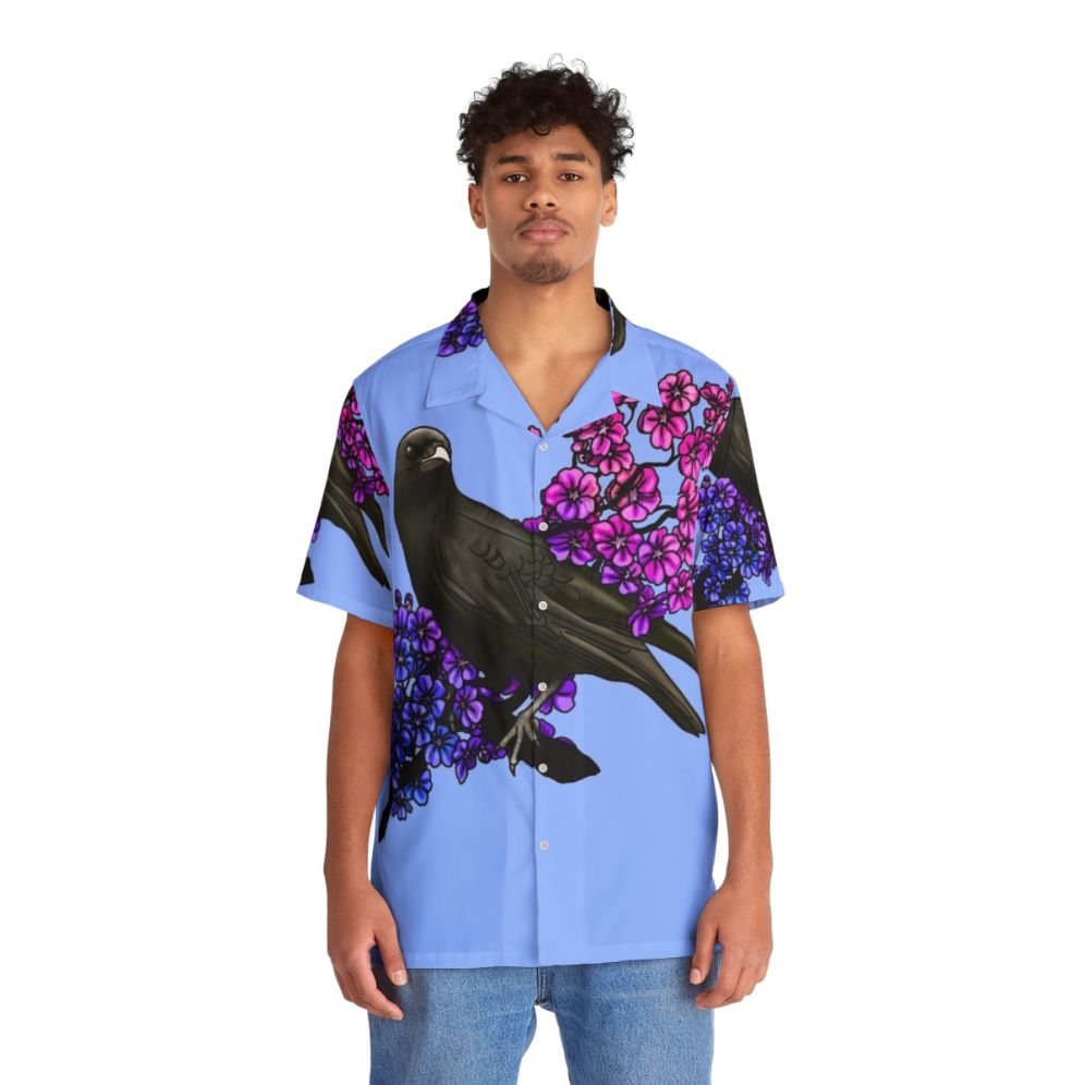 Bi Crow 2023 Hawaiian Shirt with beautiful bird, floral, and bisexual pride design - People Front