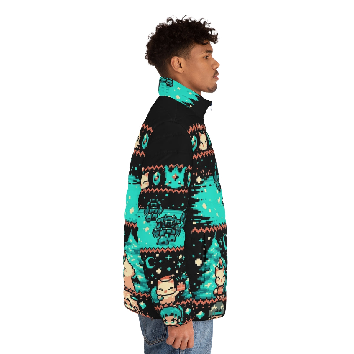 Cozy winter fantasy puffer jacket with retro pixel art design - men side right