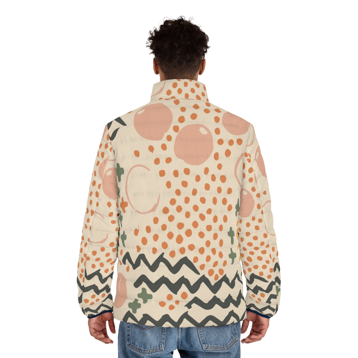 A vibrant, textured puffer jacket with a mid-century modern, Scandinavian-inspired design - men back