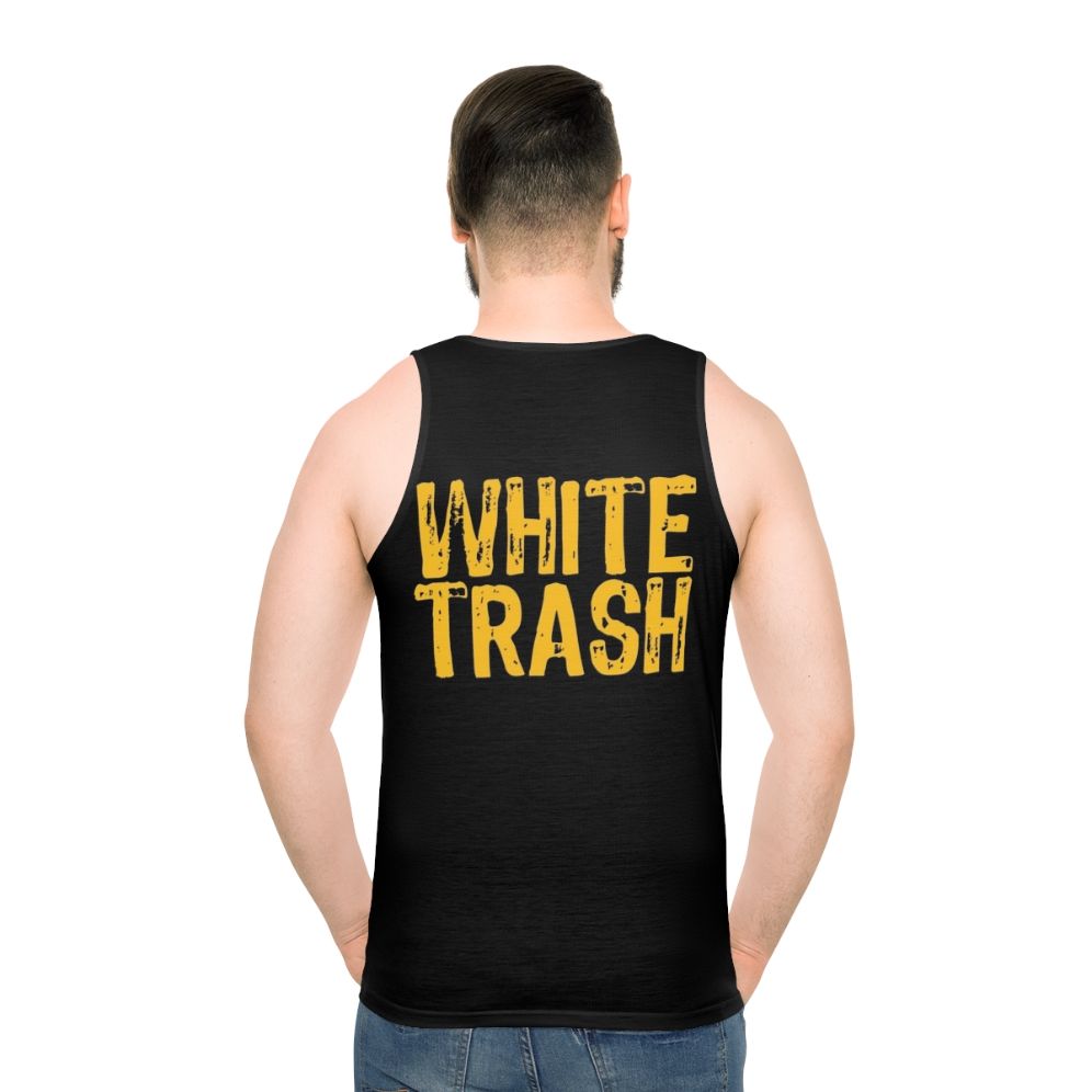 Unisex white tank top with funny "trailer trash" design - men back