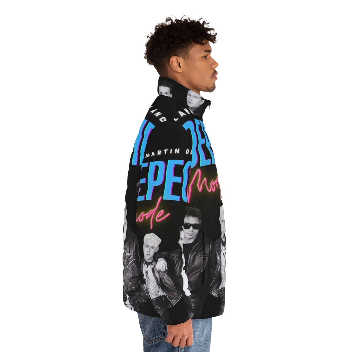 Depeche Mode inspired black puffer jacket with 80s synth-pop design - men side right