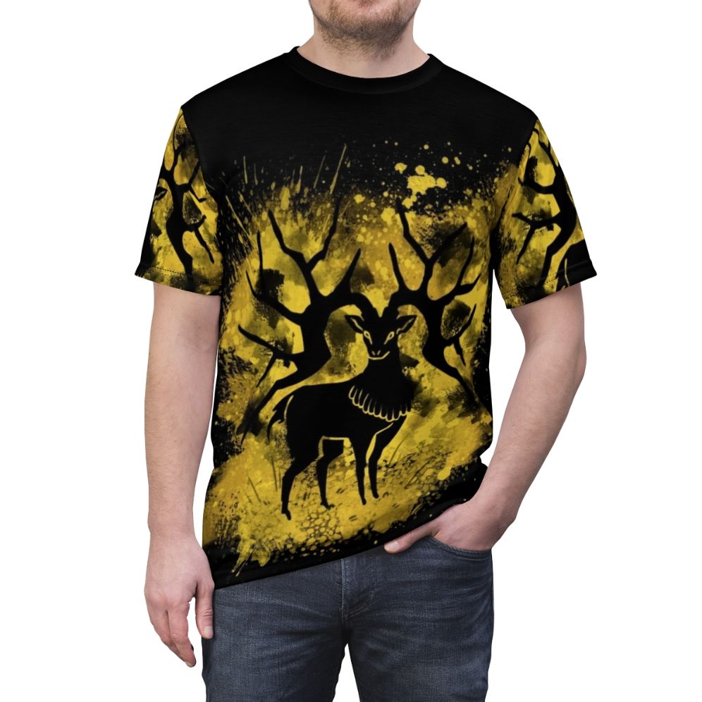 Golden deer splatter design printed on a high-quality t-shirt - men front