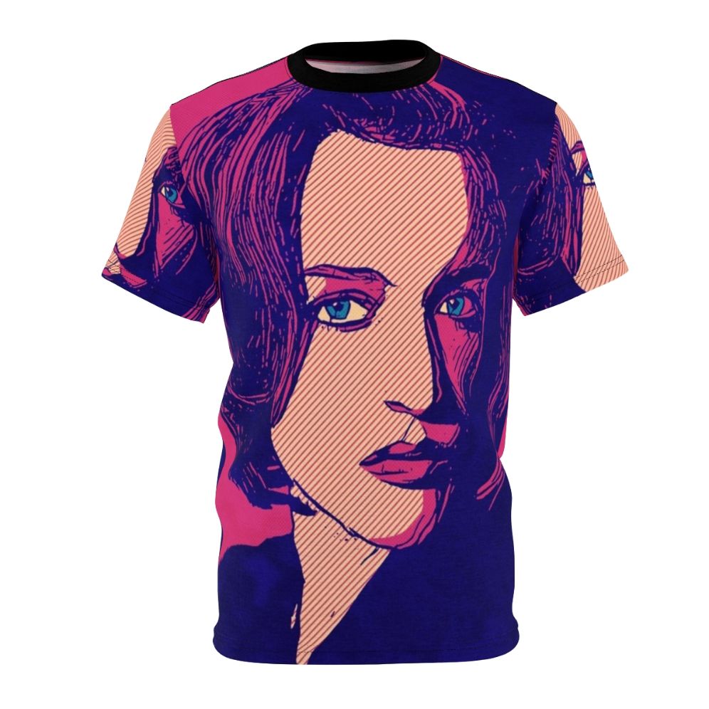 Dana Scully from The X-Files TV show, played by Gillian Anderson, featured on an all-over print t-shirt design.