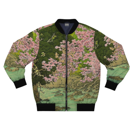 A nature landscape-inspired bomber jacket featuring mountain, lake, and river scenery in shades of pink and blue.