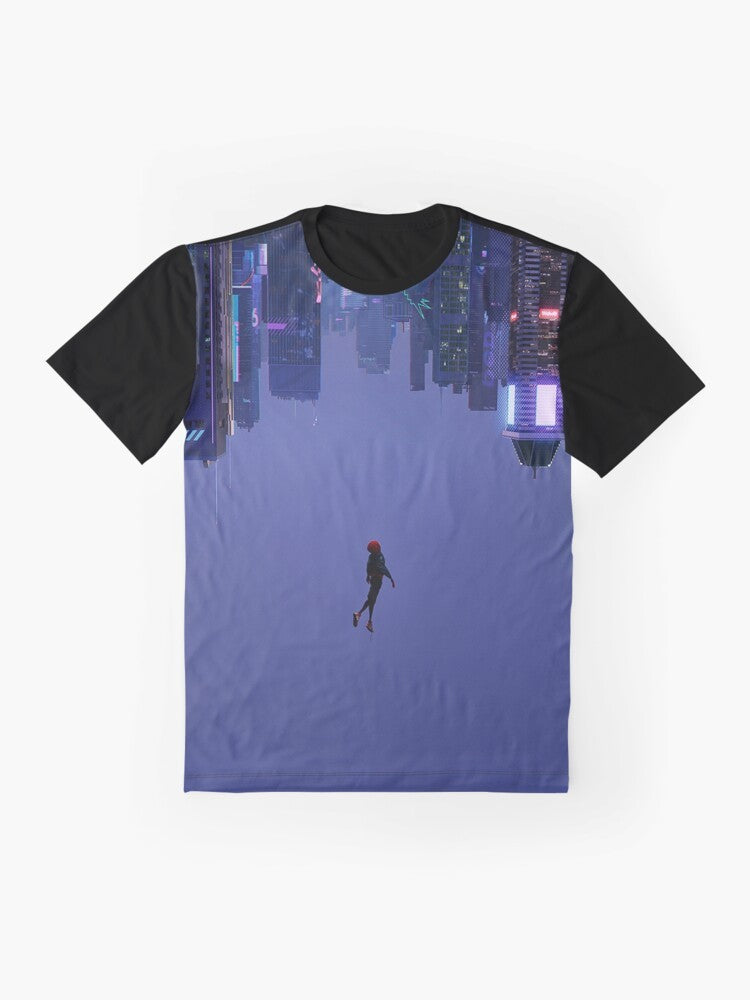 Graphic t-shirt design featuring Spider-Man character Miles Morales with the text "Not Falling, But Rising". - Flat lay