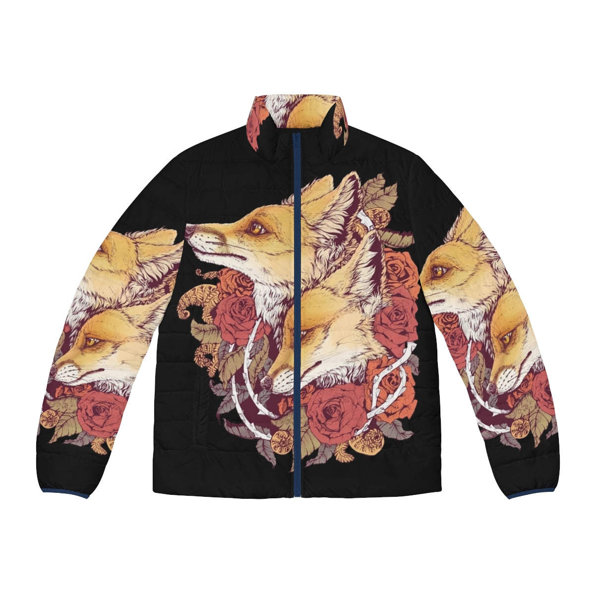 Red Fox Bloom Floral Puffer Jacket with rose and nature design