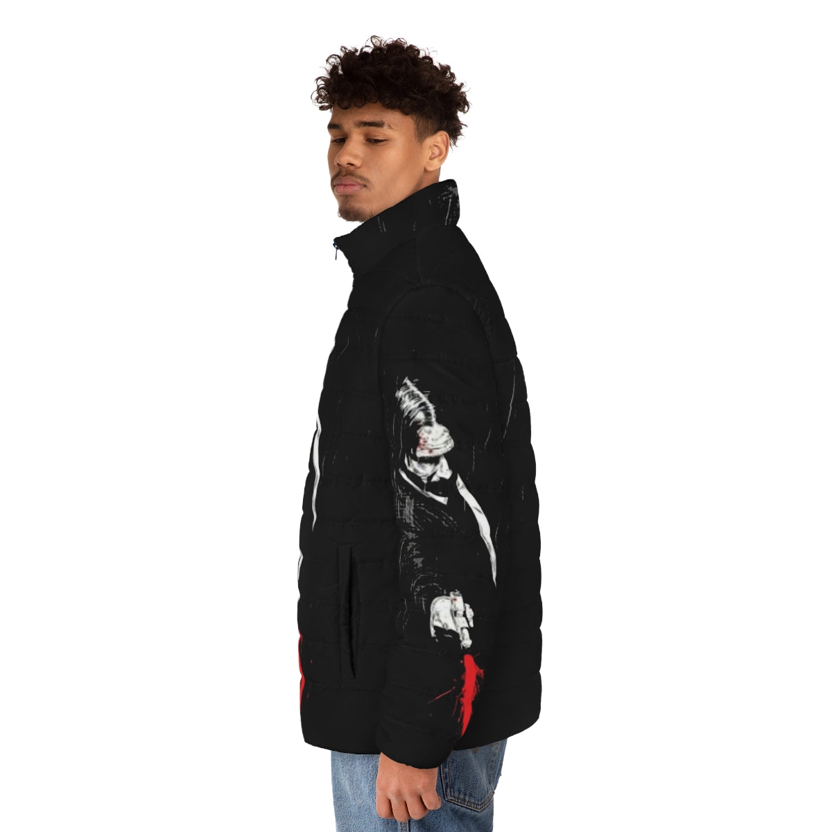 Baba Yaga Puffer Jacket in red with blood-inspired design - men side left