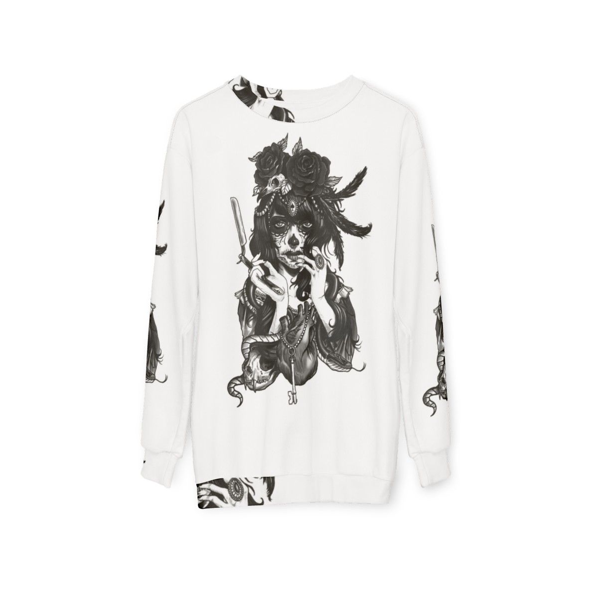 Dia de los muertos sugar skull sweatshirt featuring floral and tattoo design elements - hanging