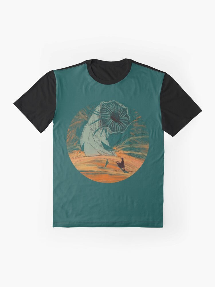 Dune 2020 movie graphic t-shirt featuring the desert planet Arrakis and the main character Paul Atreides - Flat lay