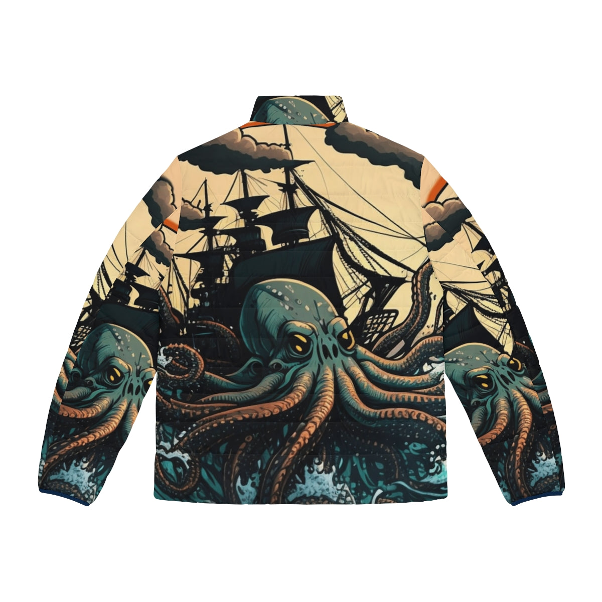 Mythical sea creature puffer jacket featuring legendary beasts and fantasy ocean creatures - Back