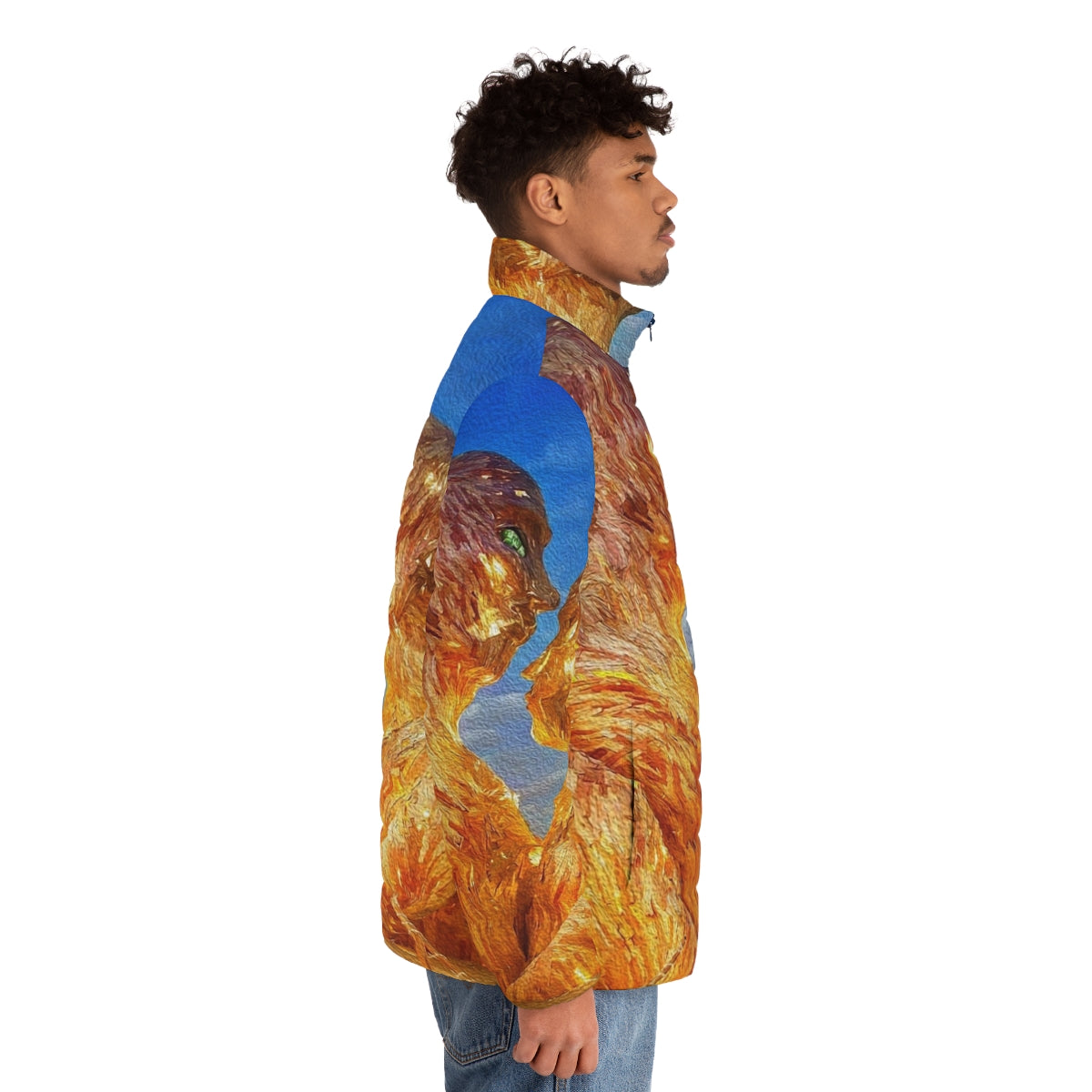 Burning man digital oil painting puffer jacket with dance, music, and nightlife design - men side right