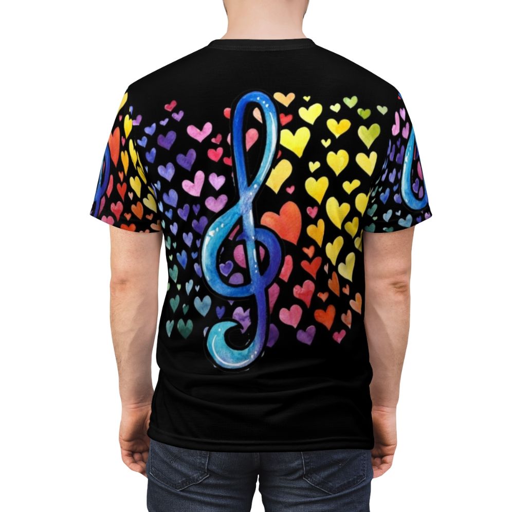 Colorful t-shirt design featuring a heart and musical notes representing the love of music - men back