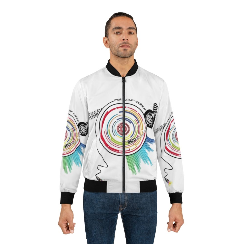 Pendulum Vinyl Music Mashup Bomber Jacket with graphic design featuring vinyl record, needle, and arrow - Lifestyle