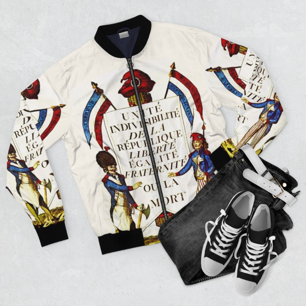 Vintage bomber jacket with French Revolution poster design - Flat lay