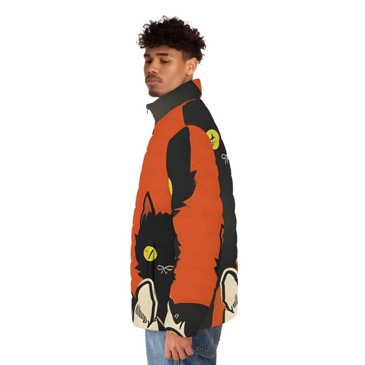 Curious cats puffer jacket in black, orange, and white colors - men side left