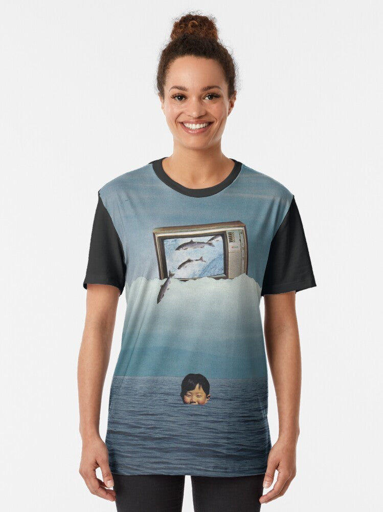 Surreal 3D television graphic t-shirt featuring a collage of nature and ocean life elements - Women