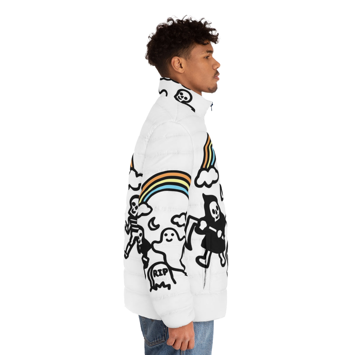 Spooky puffer jacket with skulls, ghosts, and rainbows - men side right